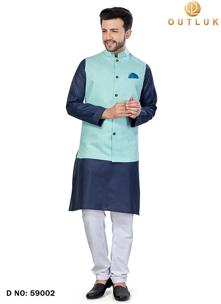 Sky Blue Outluk Vol 59 Wedding Wear Kurta Pajama With Jacket Mens Collection 59002